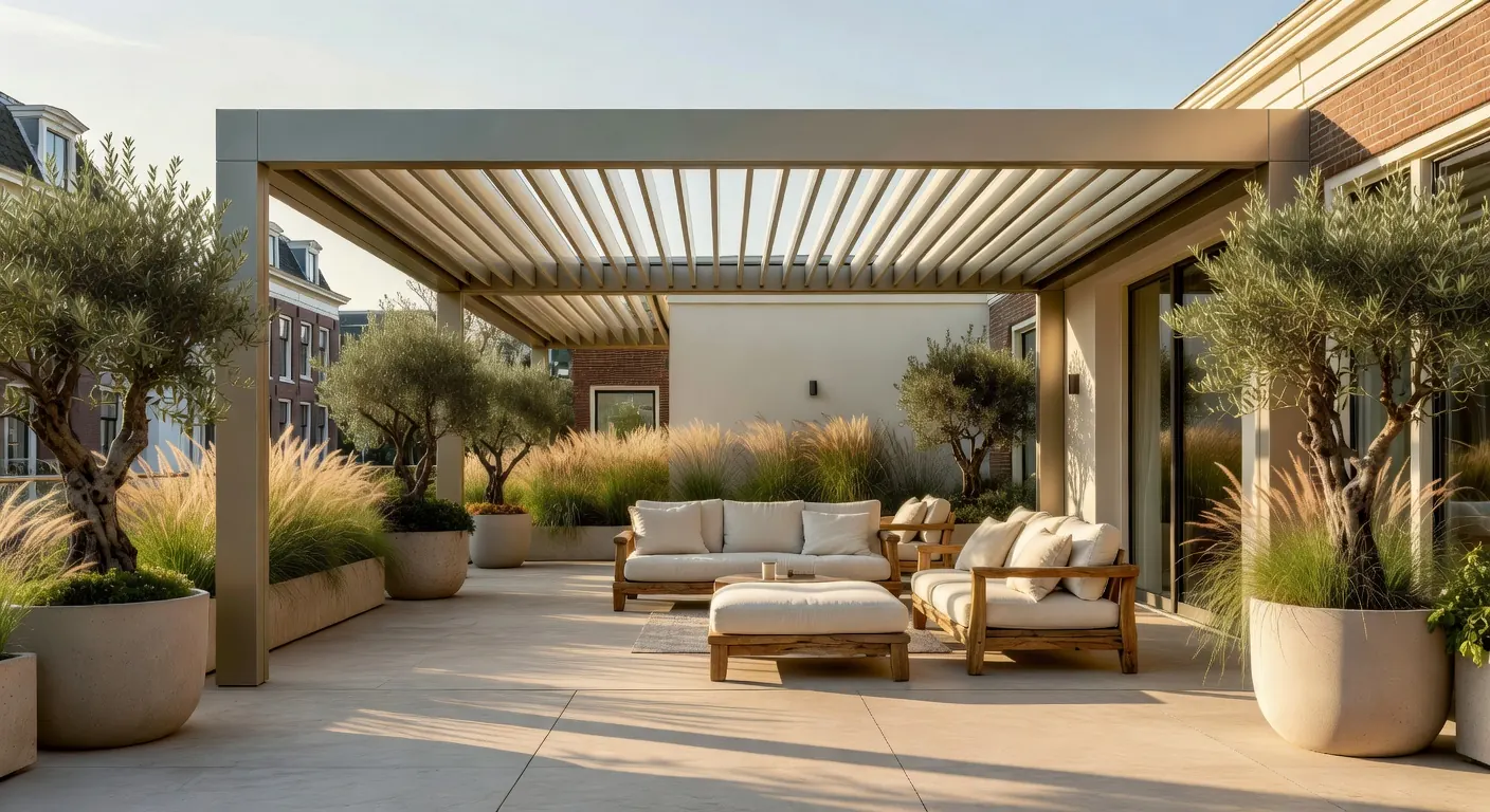 Moderne bioklimatische pergola in een Nederlandse tuin met verstelbare lamellen, geïntegreerde LED-verlichting en duurzame materialen voor de trends van 2026.