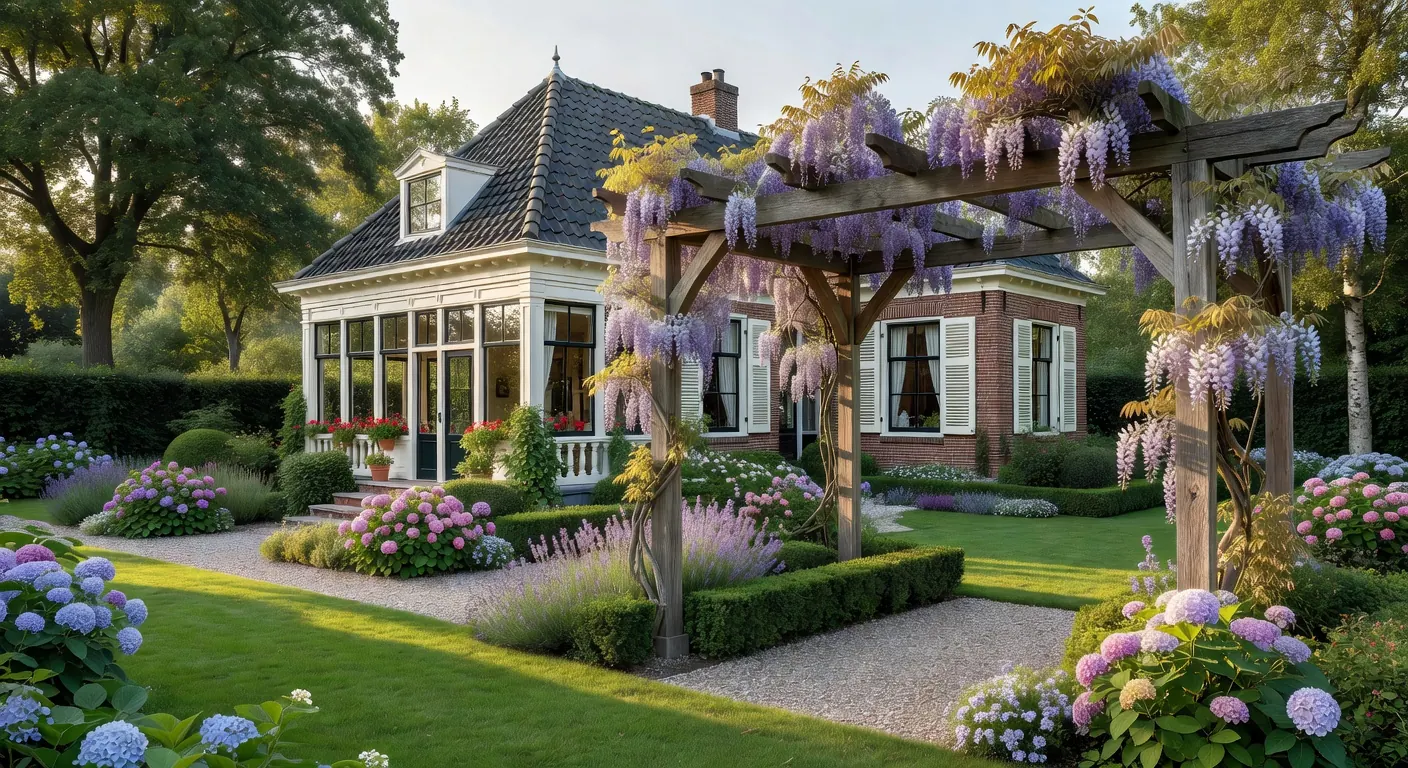 Veranda onderhoudstaken in de tuin met gereedschap