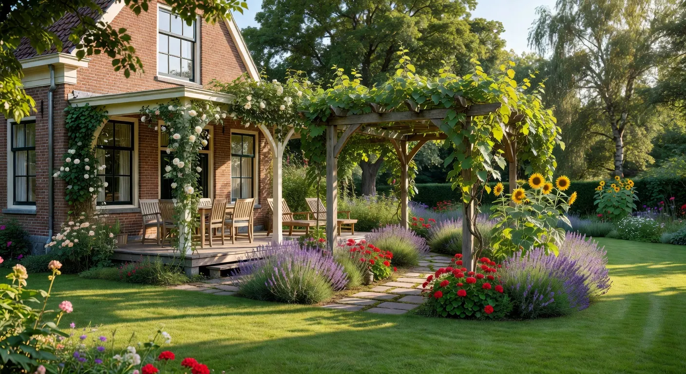 Pergola stevig bevestigd aan huisgevel met klimplanten