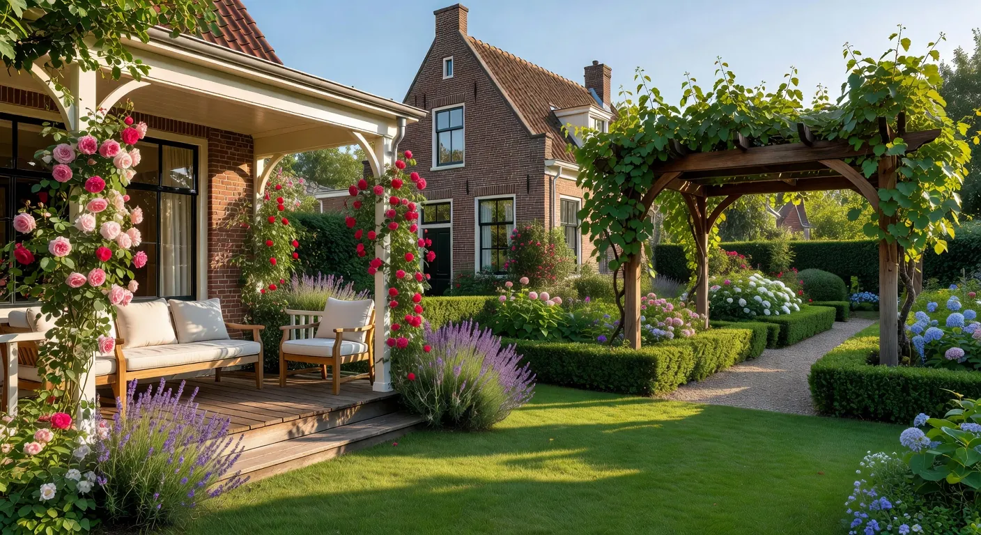 Pergola bedekt met sneeuw in een winterse tuin