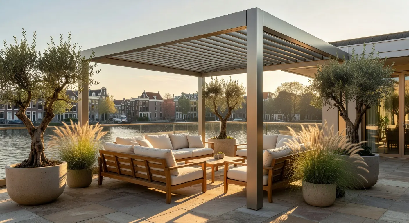 Moderne aluminium pergola in een Nederlandse tuin met loungestoelen en planten, perfect voor schaduw en ontspanning in de zomer van 2026.