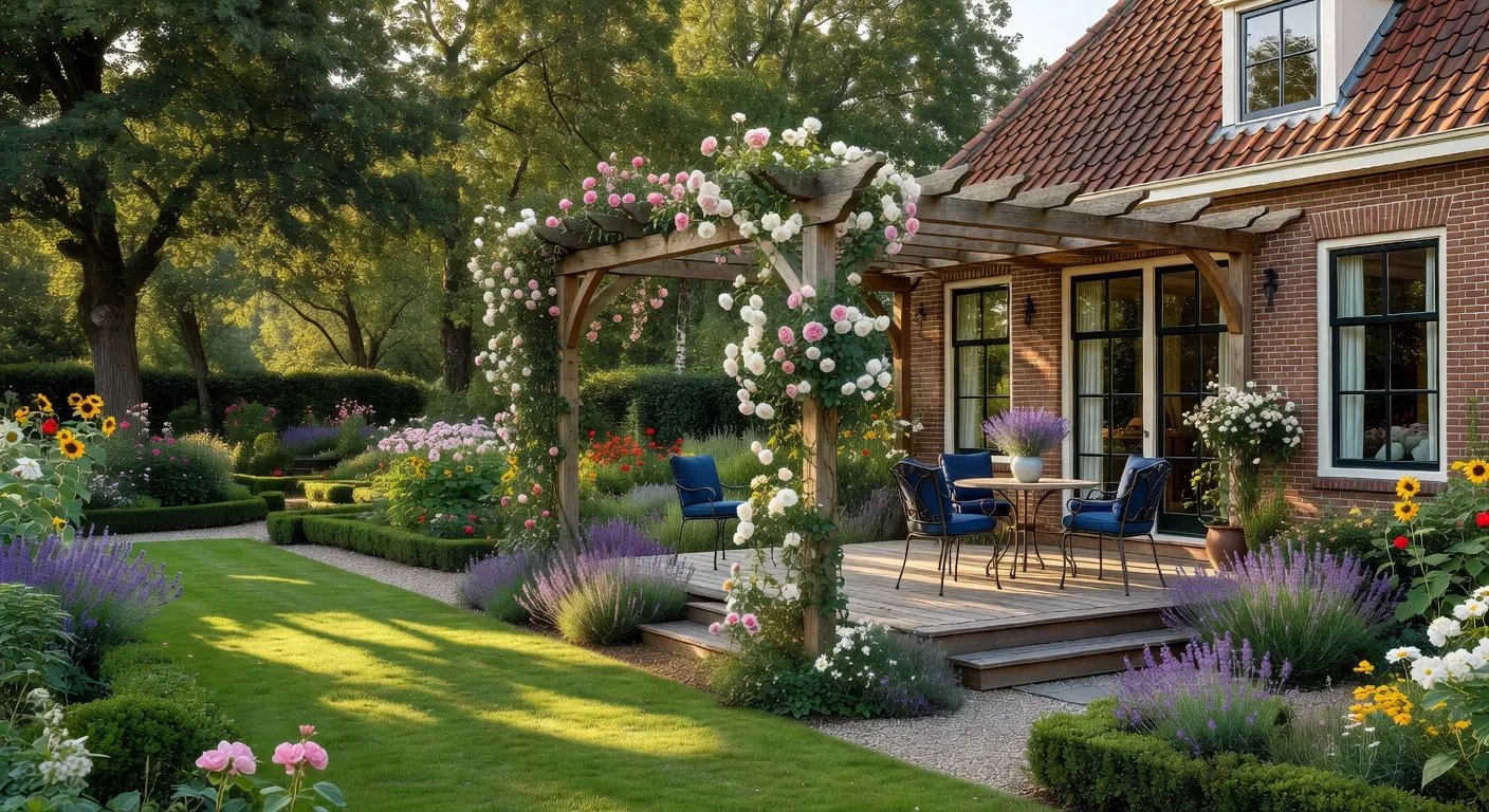 Moderne pergola met duurzame materialen en trendy kleuren voor 2026