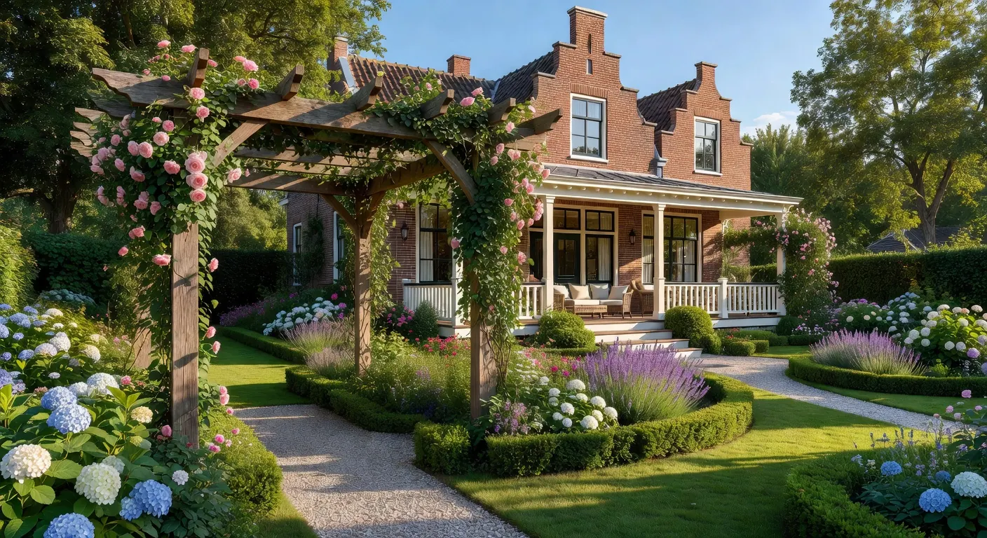 Pergola met schaduwdoeken en planten tegen zomerhitte